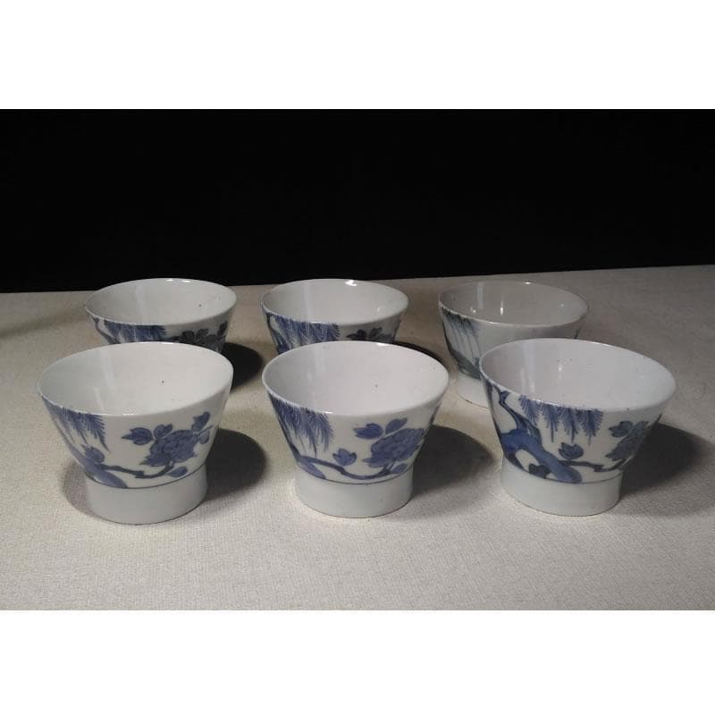 c175 古伊万里 蕎麦猪口 6客 染付 そば猪口 柳紋