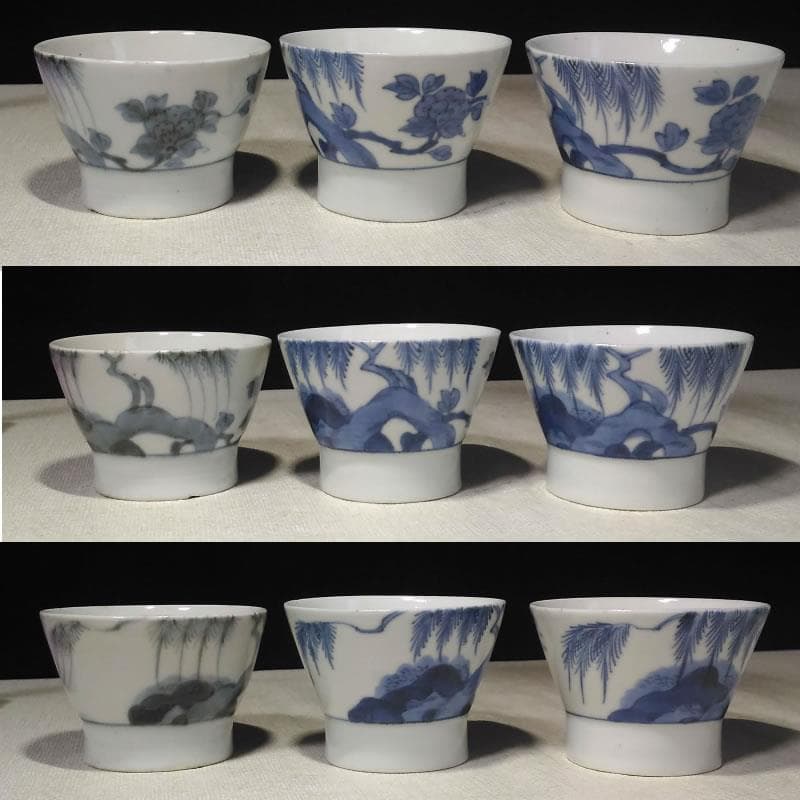 c175 古伊万里 蕎麦猪口 6客 染付 そば猪口 柳紋