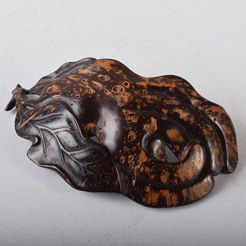 中国　書道具　唐木瘤木製　葉形　墨置　筆置　V　8033