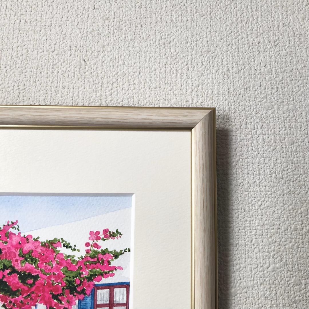 透明水彩画　原画　「エーゲ海とブーゲンビリア05」額縁付　SMサイズ