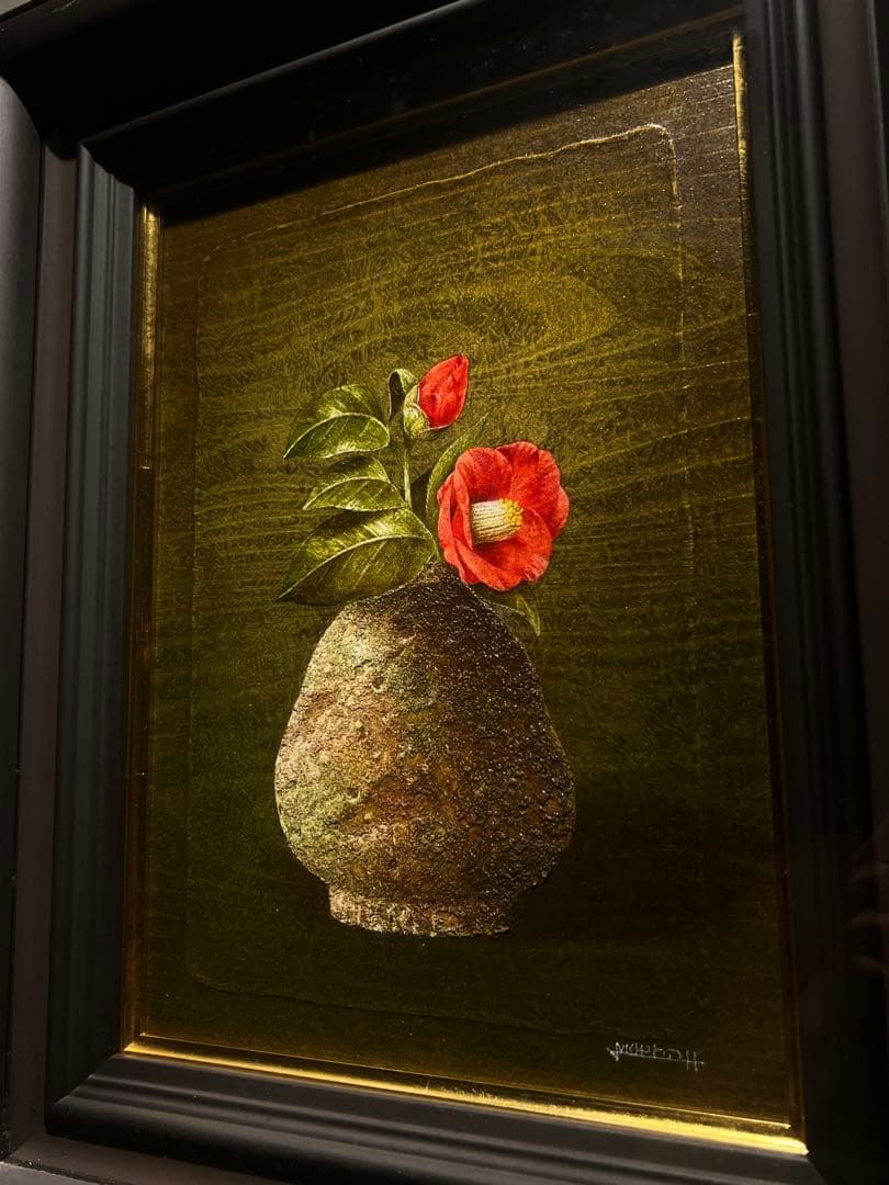 リアリズム　増本憲樹【焼締の椿】肉筆油彩画