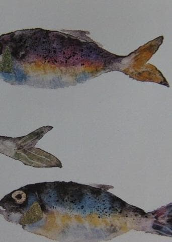 片岡鶴太郎、【小鰭三人衆】、希少な額装用画集より、美品、日本人画家