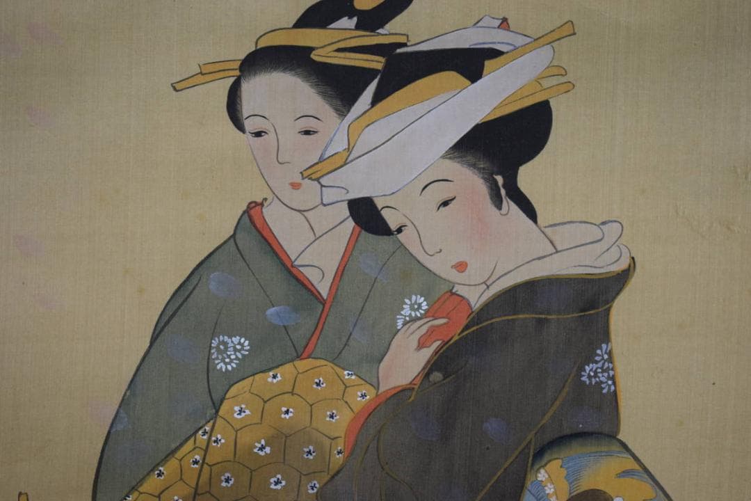 不詳/作者不詳/桜散る美人画/布袋屋掛軸HH-619