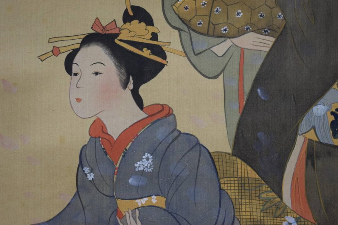 不詳/作者不詳/桜散る美人画/布袋屋掛軸HH-619