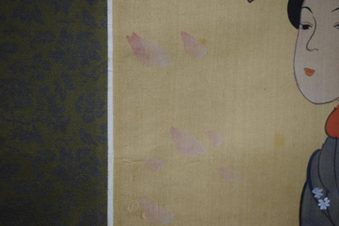 不詳/作者不詳/桜散る美人画/布袋屋掛軸HH-619