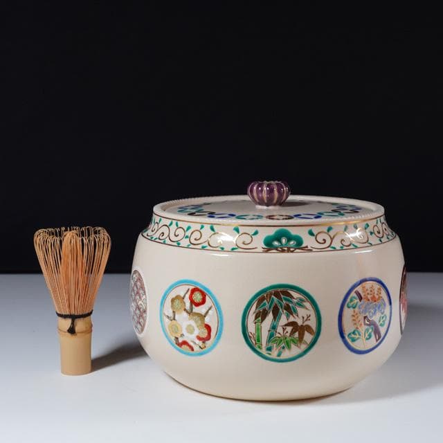 手塚充　仁清写花丸の絵水指　鵬雲斎宗匠御書付　共箱　裏千家　茶道具　京焼