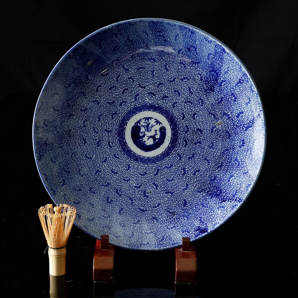 江戸幕末明治時代 古伊万里 有田 染付 尺寸大皿 微塵唐草 ベロ藍約35㎝ 飾皿