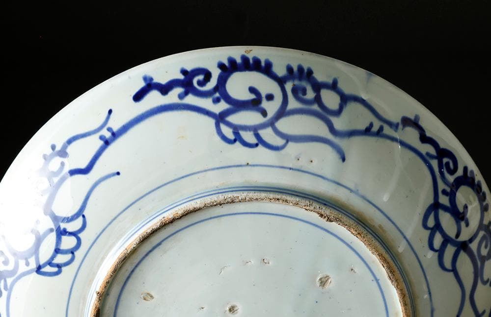江戸幕末明治時代 古伊万里 有田 染付 尺寸大皿 微塵唐草 ベロ藍約35㎝ 飾皿
