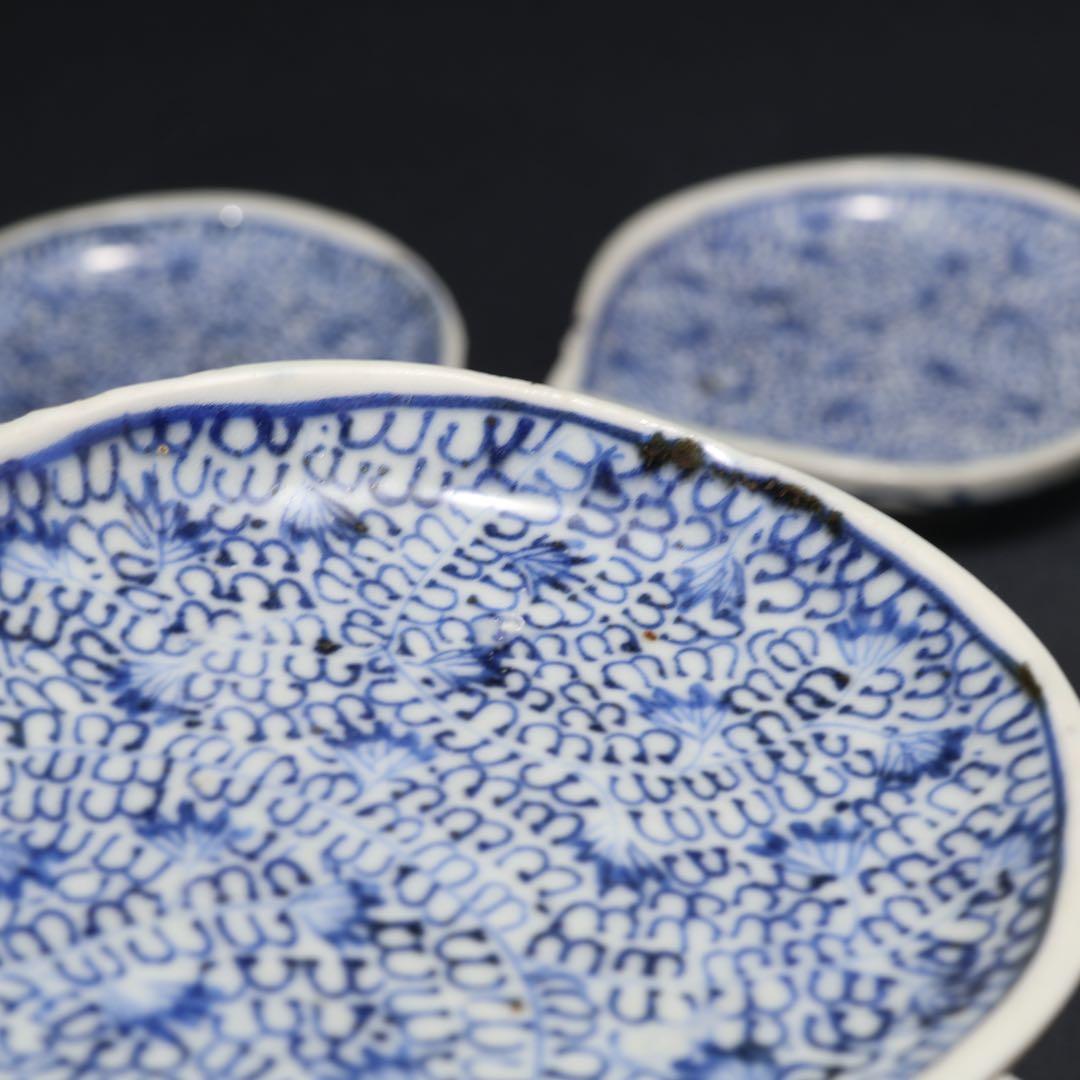 伊万里染付微塵唐草　しずく形豆皿５枚　骨董　古伊万里　R1663