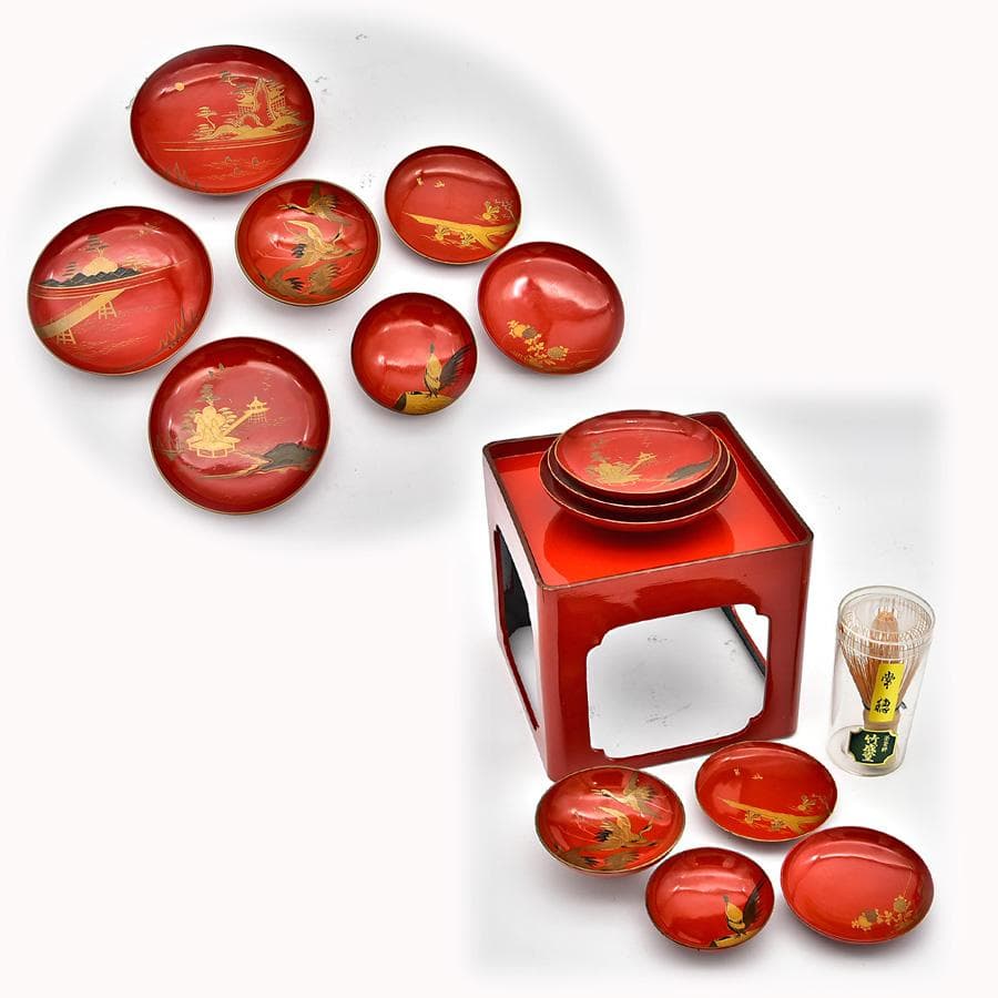 時代年代物 木製朱塗 盃台 盃 七客 楼閣山水 瑞鶴図 金蒔絵 お屠蘇 お正月