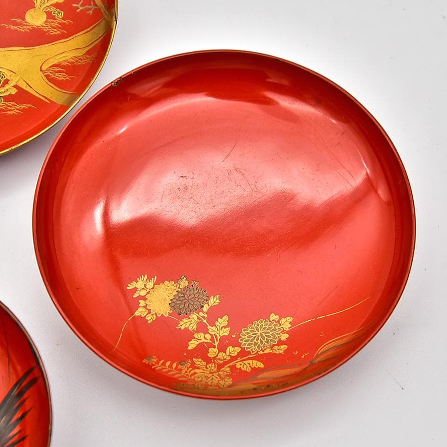 時代年代物 木製朱塗 盃台 盃 七客 楼閣山水 瑞鶴図 金蒔絵 お屠蘇 お正月