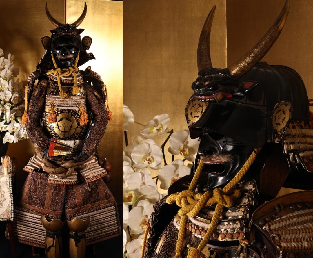 BY05　甲冑　具足　五瓜に唐花家紋唐草胴　獅子噛み前立　鎧櫃付き　兜　武具