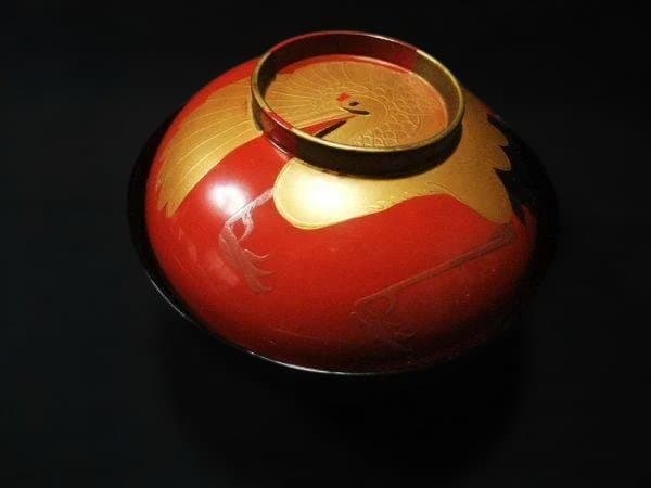 吸い物椀 金蒔絵 ツル 鶴 大名碗 盛り上げ 明治期 骨董 時代物 逸品 美品