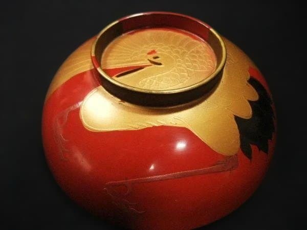 吸い物椀 金蒔絵 ツル 鶴 大名碗 盛り上げ 明治期 骨董 時代物 逸品 美品