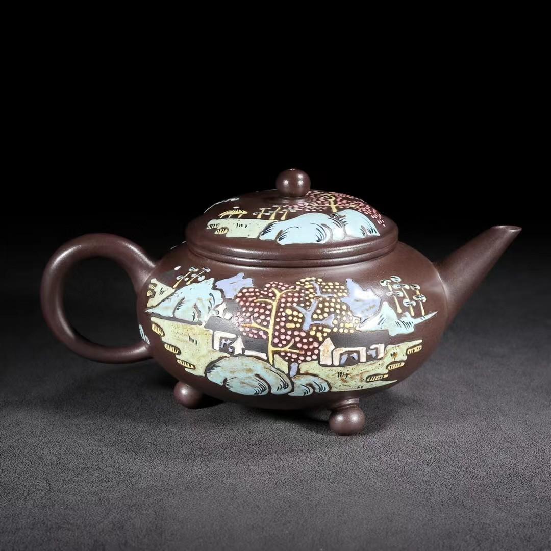 中国古美術・三足水平紫砂壺・ 底款：貢局・宜興原鉱・紫泥急須・茶壺・茶道具・置物