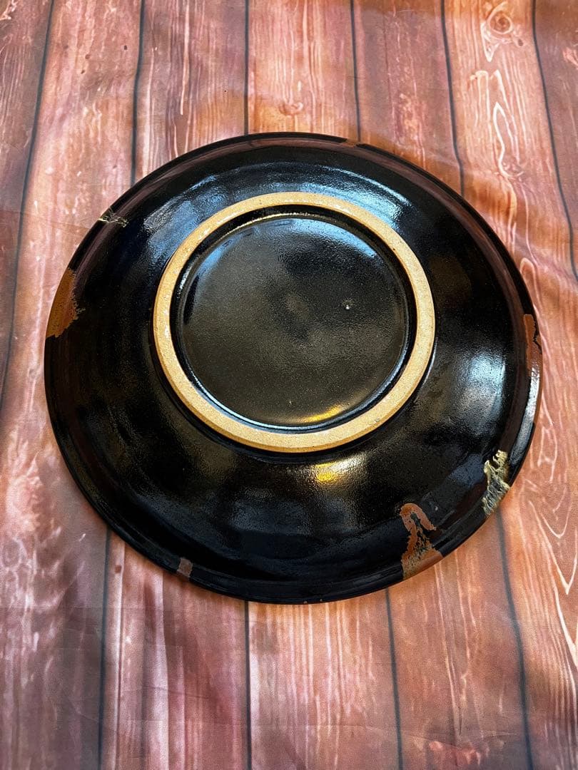 益子焼　黒釉流描皿　大皿