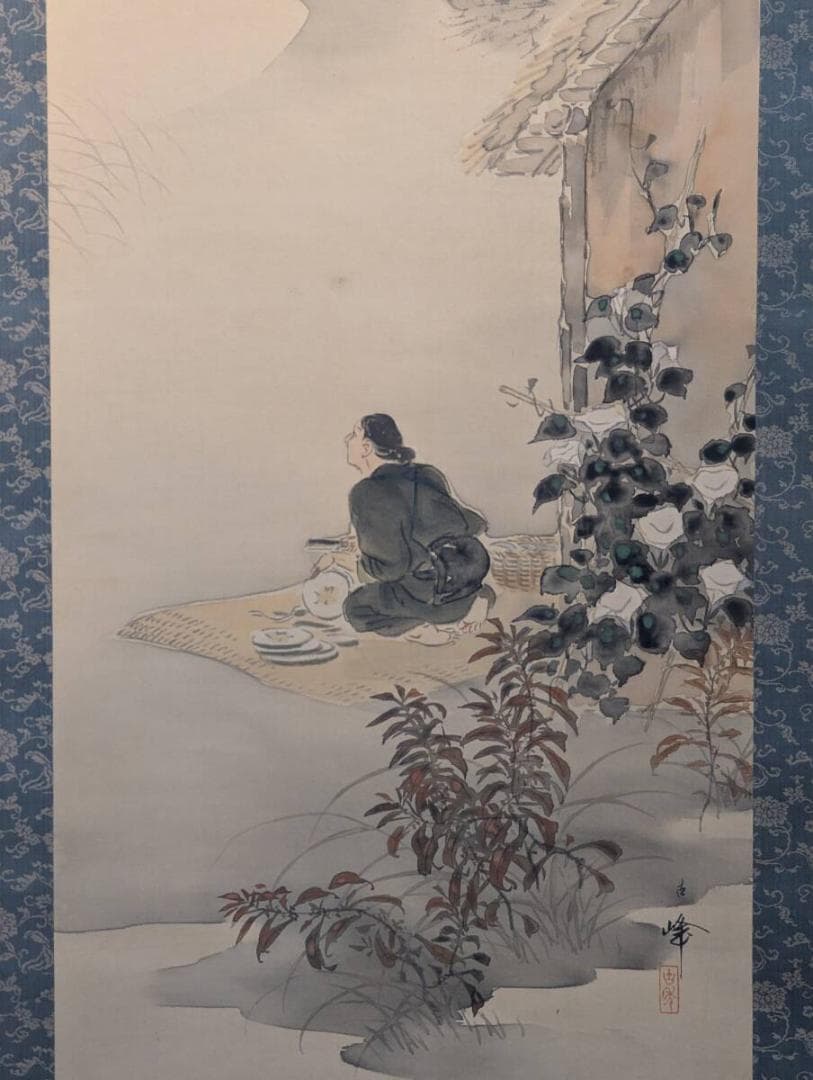 【真作】掛軸　松岡古峰　秋月を眺む風情画掛軸　共箱入　U146