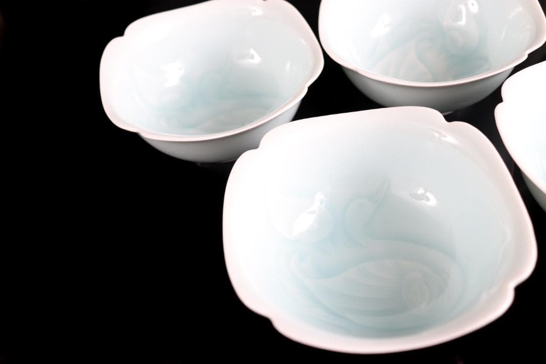 人間国宝 塚本快示 快山窯 青白磁水鳥文 小鉢 五客 共箱