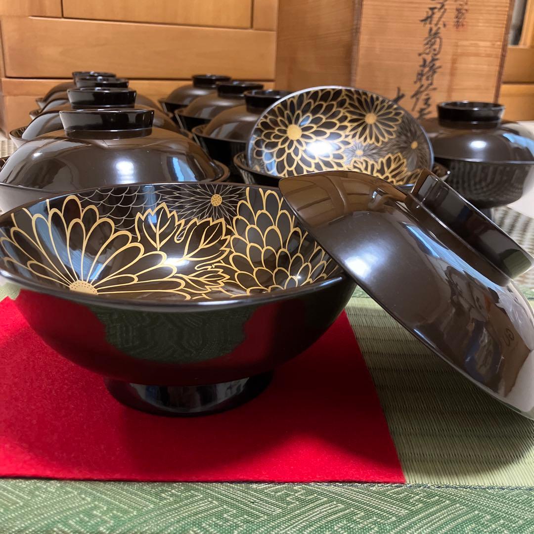 輪島塗椀　千鳥形菊蒔絵椀　煮物椀10客セット焦茶