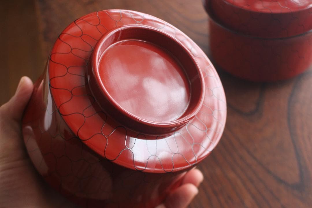 デッドストック！上質朱漆に風情ある網目文の映える筒形大椀2点（検京塗煮物椀