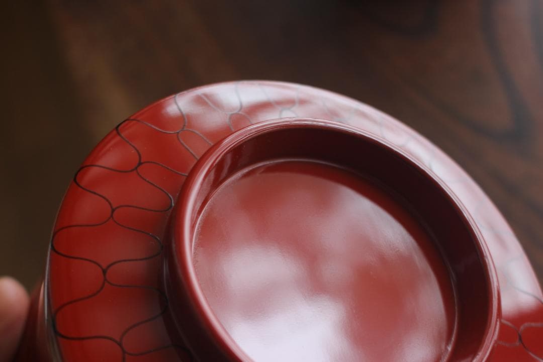 デッドストック！上質朱漆に風情ある網目文の映える筒形大椀2点（検京塗煮物椀