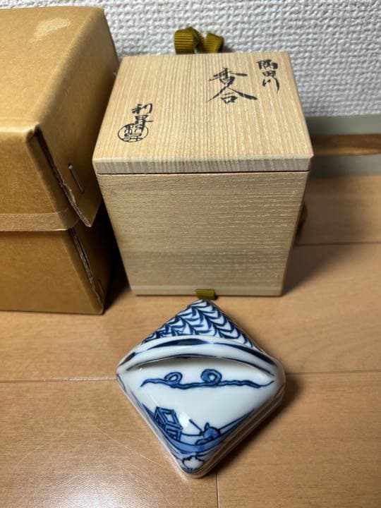 674 隅田川　利昇　染付　香合　未使用