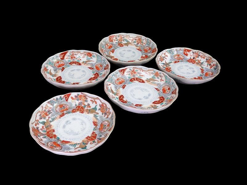 古伊万里　色絵　窓絵 獅子に花の図　４寸皿　５枚　C205AS-CVw