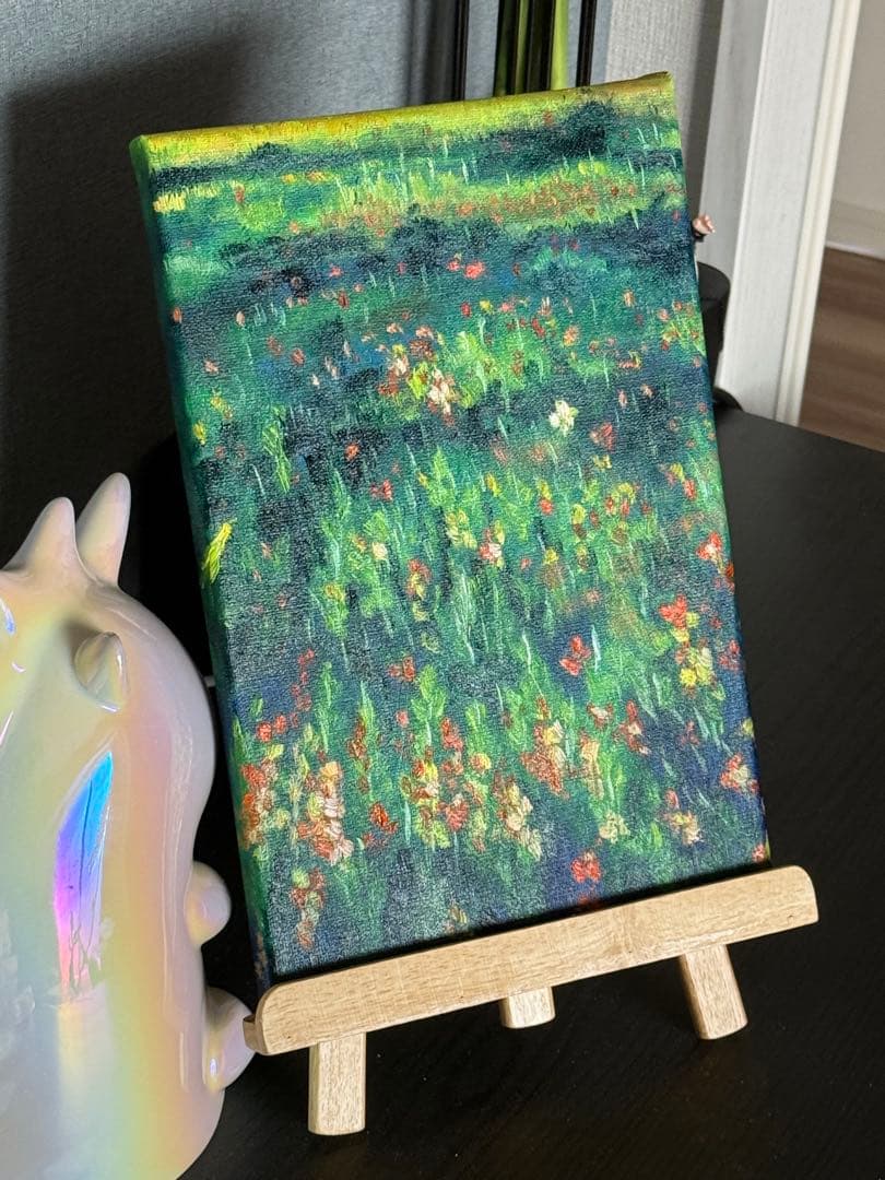 「花畑の夕陽」　手描き　油絵　風景画　原画　油彩画　印象派