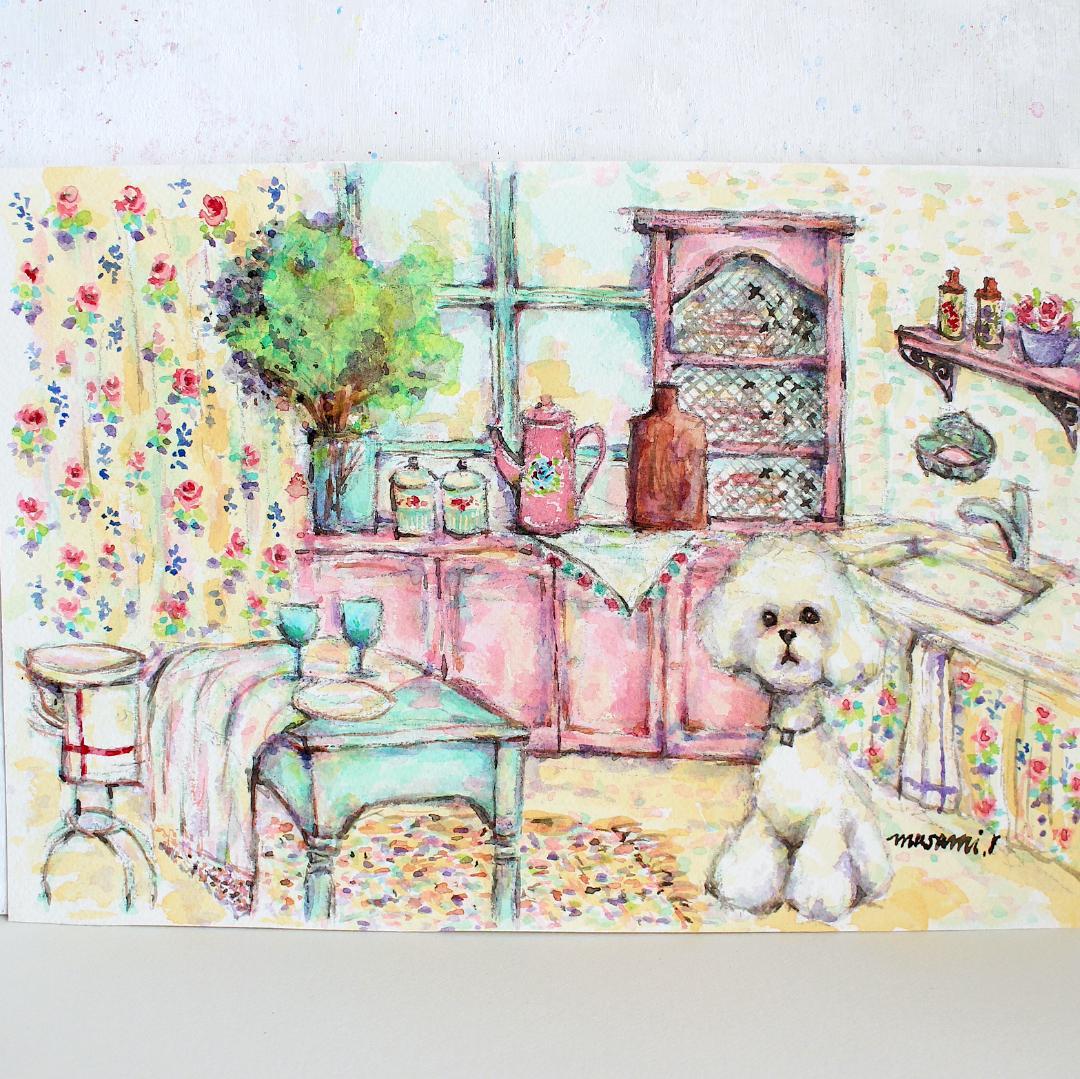 「プードルホワイトとキッチン フレンチカントリー」水彩画 原画B5相当
