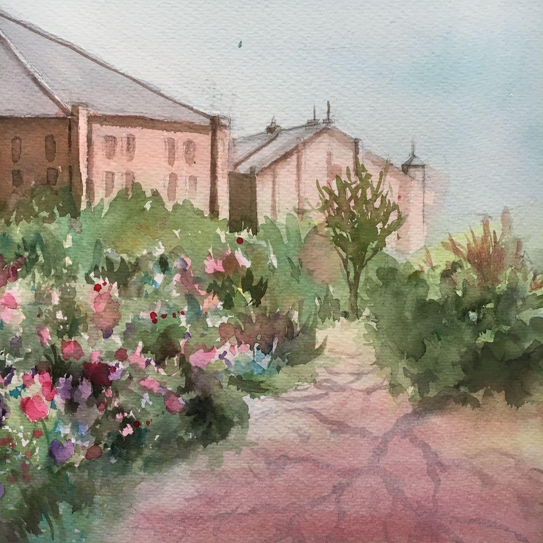 水彩画原画花咲く横浜赤煉瓦の道