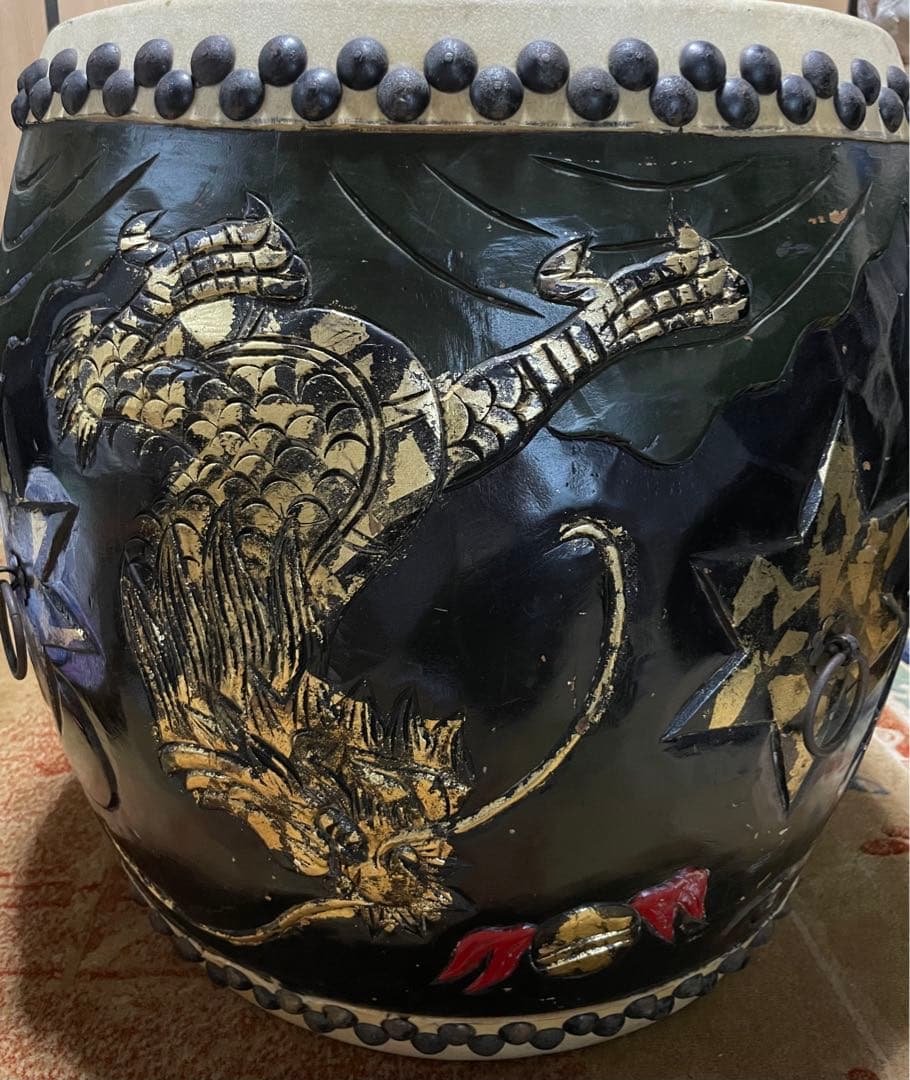 太鼓　和太鼓　アンティーク　木彫り　龍彫り　オブジェ　古道具　アンティーク　民藝