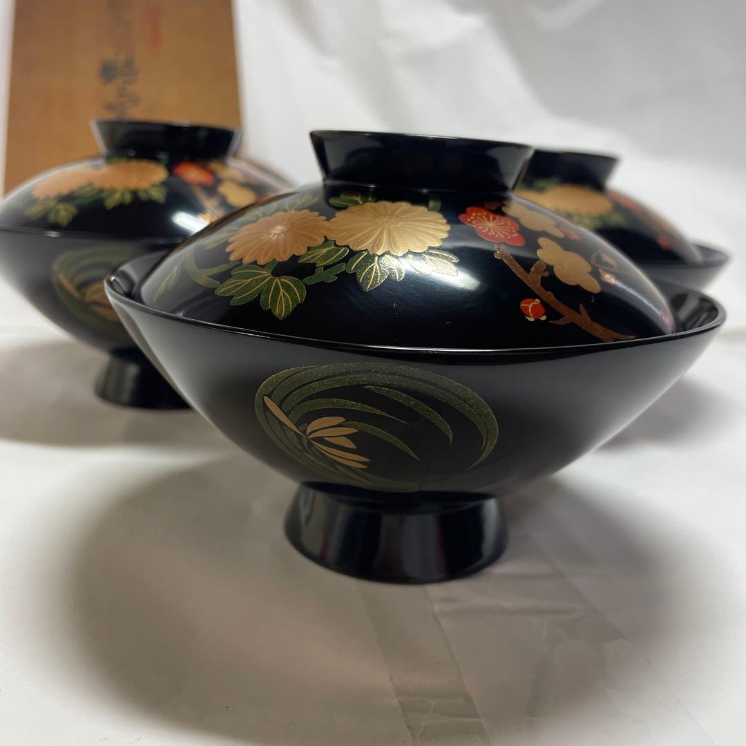 輪島塗　昭和レトロ　金彩　吸物椀　5客　松竹梅　縁起物　特上品　特別製布着