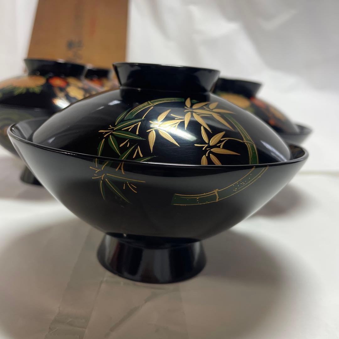 輪島塗　昭和レトロ　金彩　吸物椀　5客　松竹梅　縁起物　特上品　特別製布着