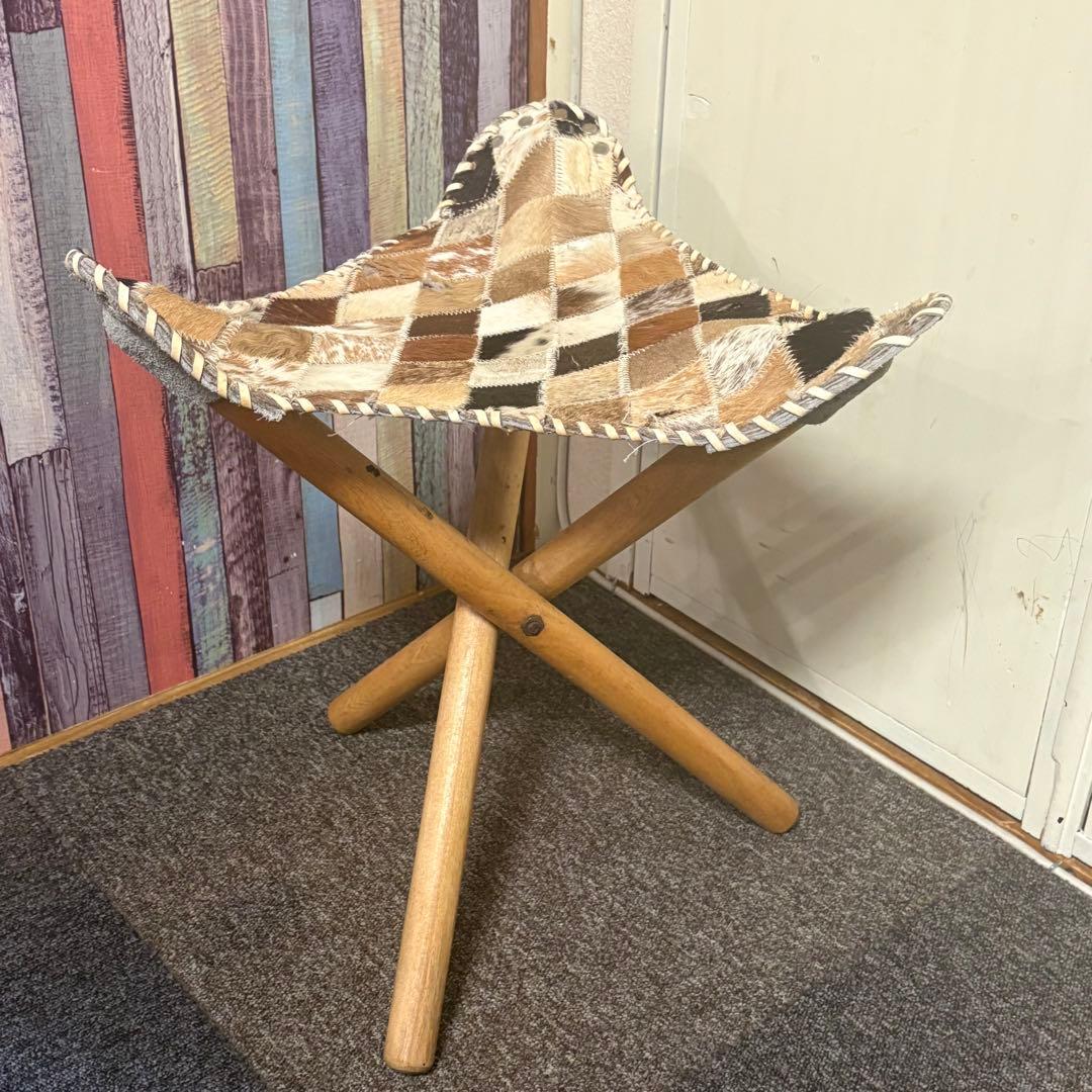 90年代アンティーク◎本革パッチワーク ハンティングチェア◎スツール