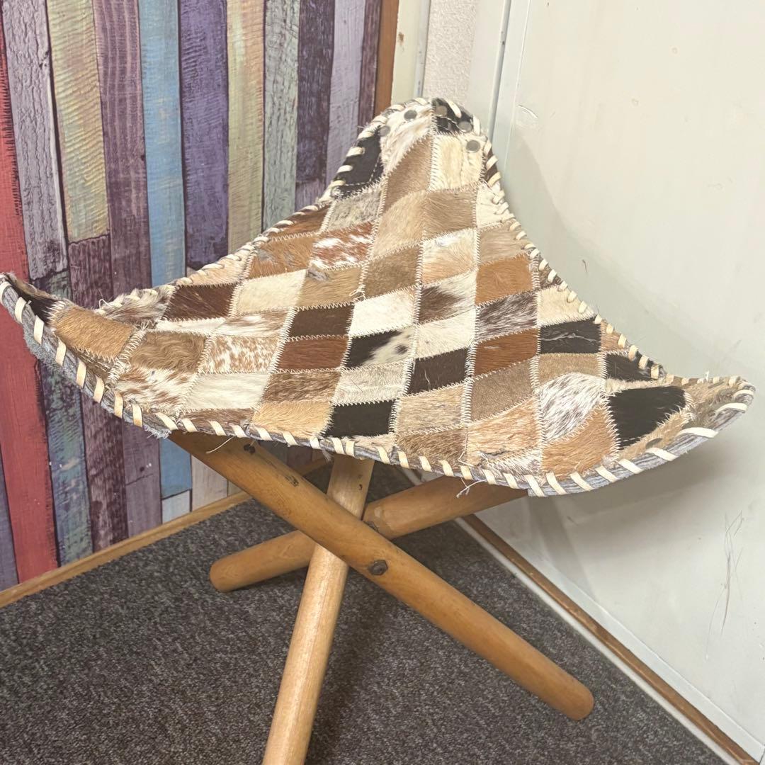 90年代アンティーク◎本革パッチワーク ハンティングチェア◎スツール