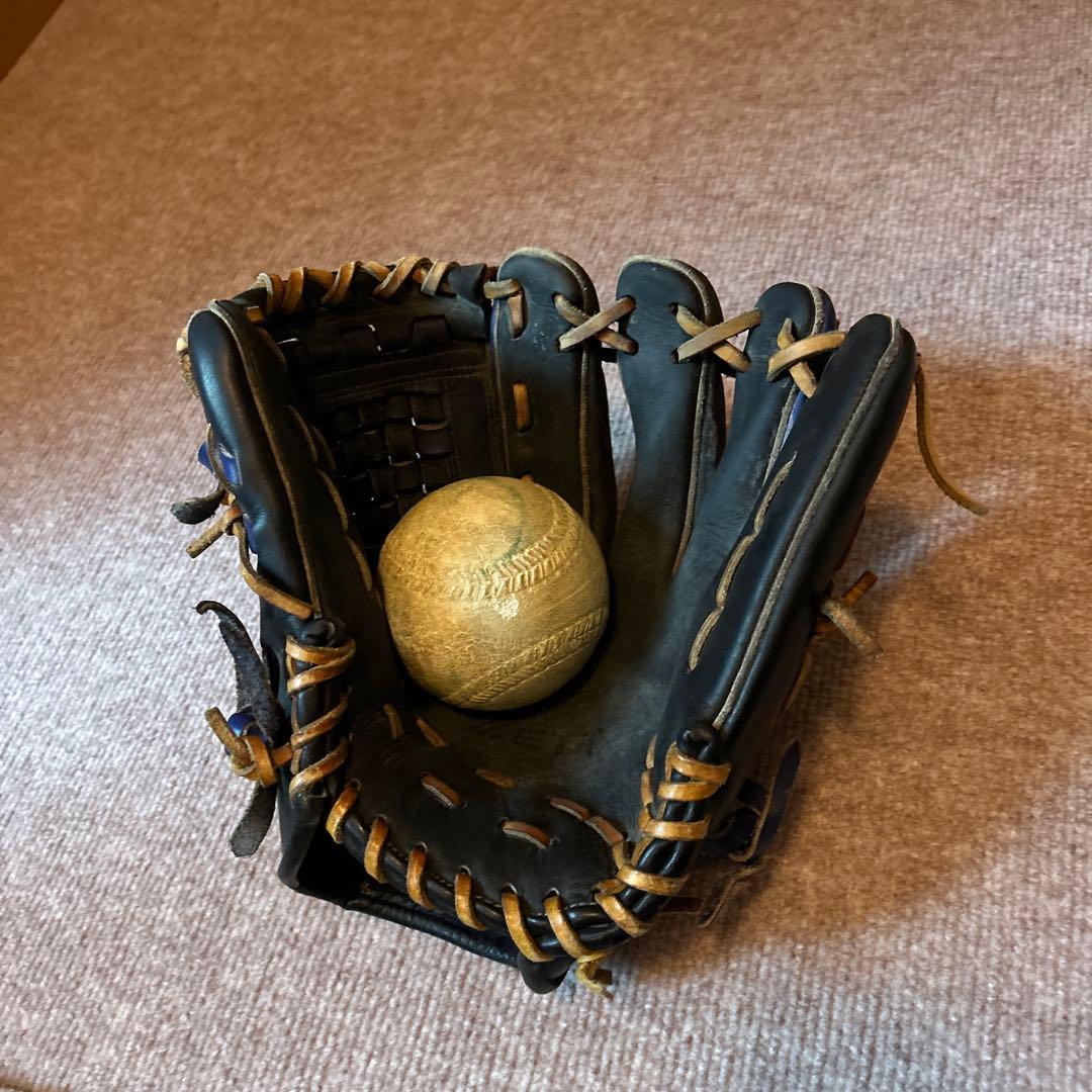 ZETT 軟式グローブ 黒/青 編み込みデザイン