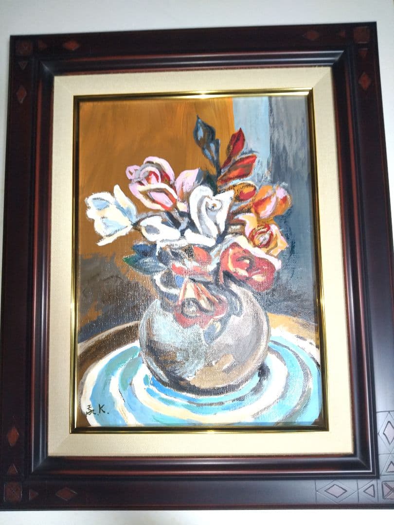 小山敬三、絵画、油彩4号、ばら、肉筆、新品高級額縁、山下清、片岡球子、鴨居玲