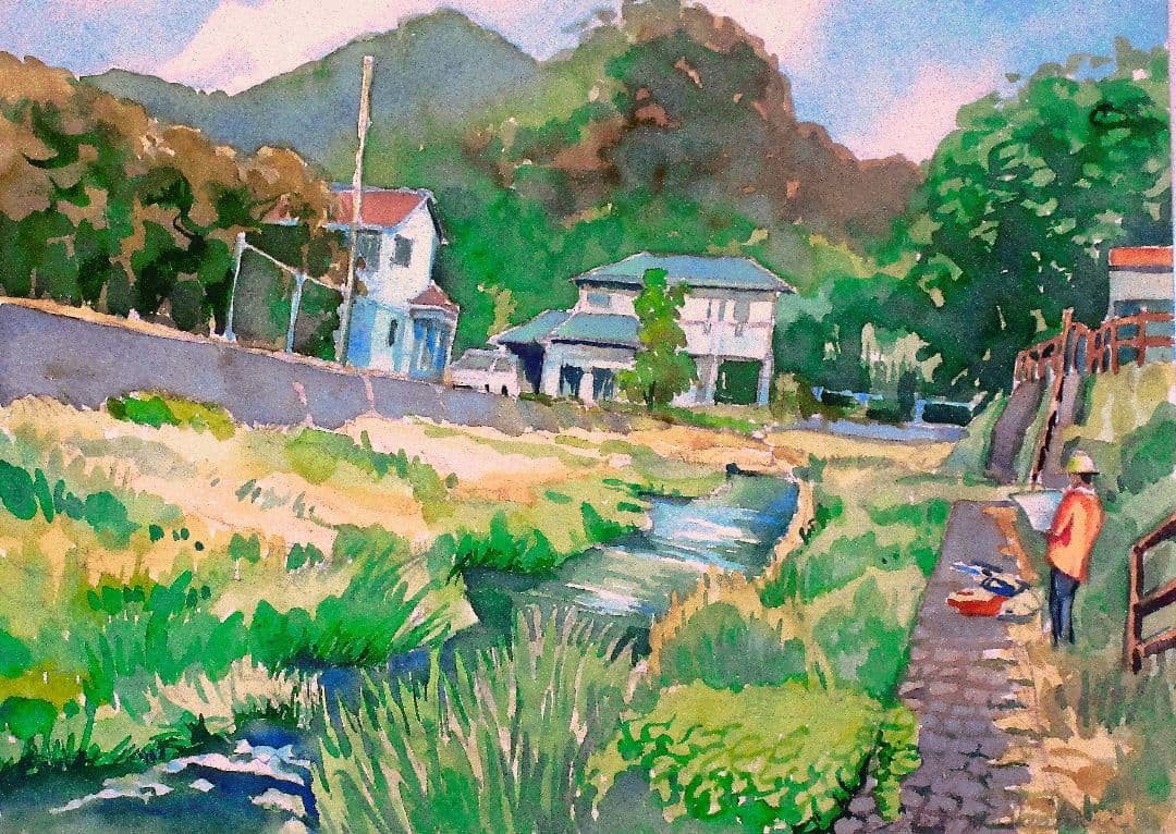 小川でスケッチ(愛川町) 水彩画 額装済み