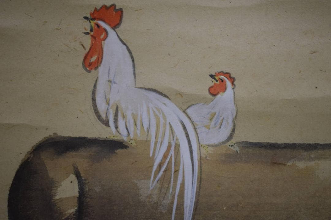 真作/林文塘/暁聲図/尾長鳥図/杉共箱付/布袋屋掛軸HH-235