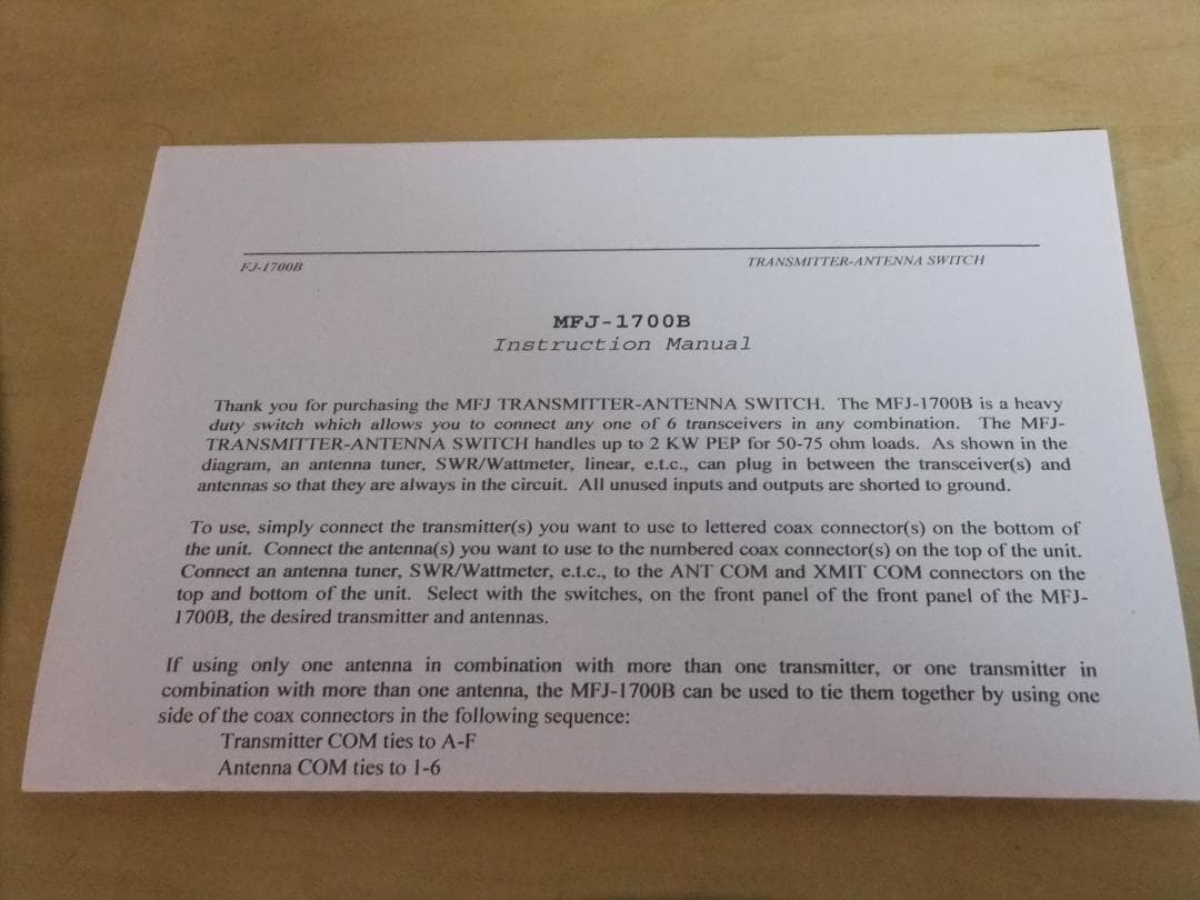 ☆しん　MFJ　６回路　同軸切替器　MFJ-1700B（現状渡し）☆