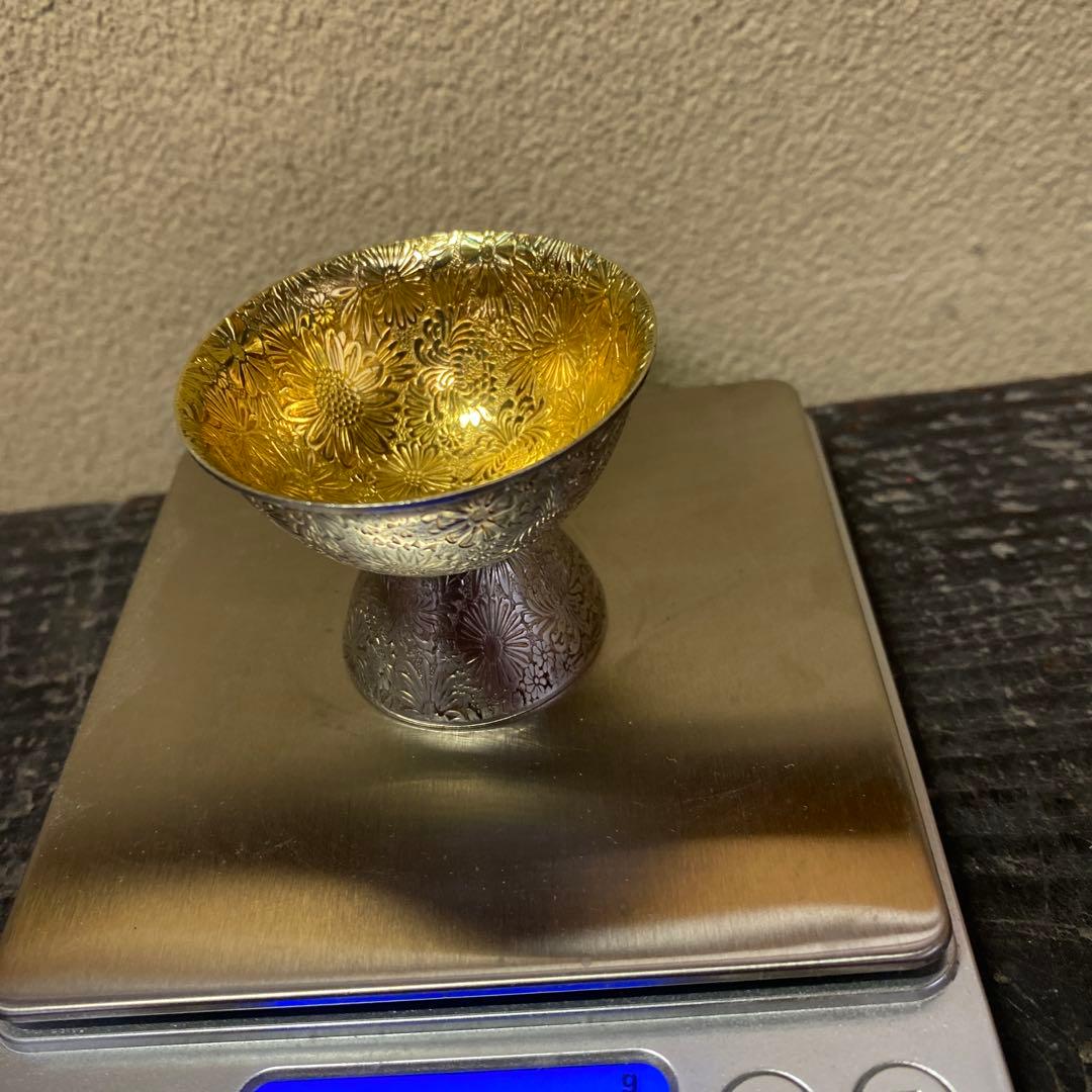 純銀製 花模様 盃 共箱木箱付き　52g