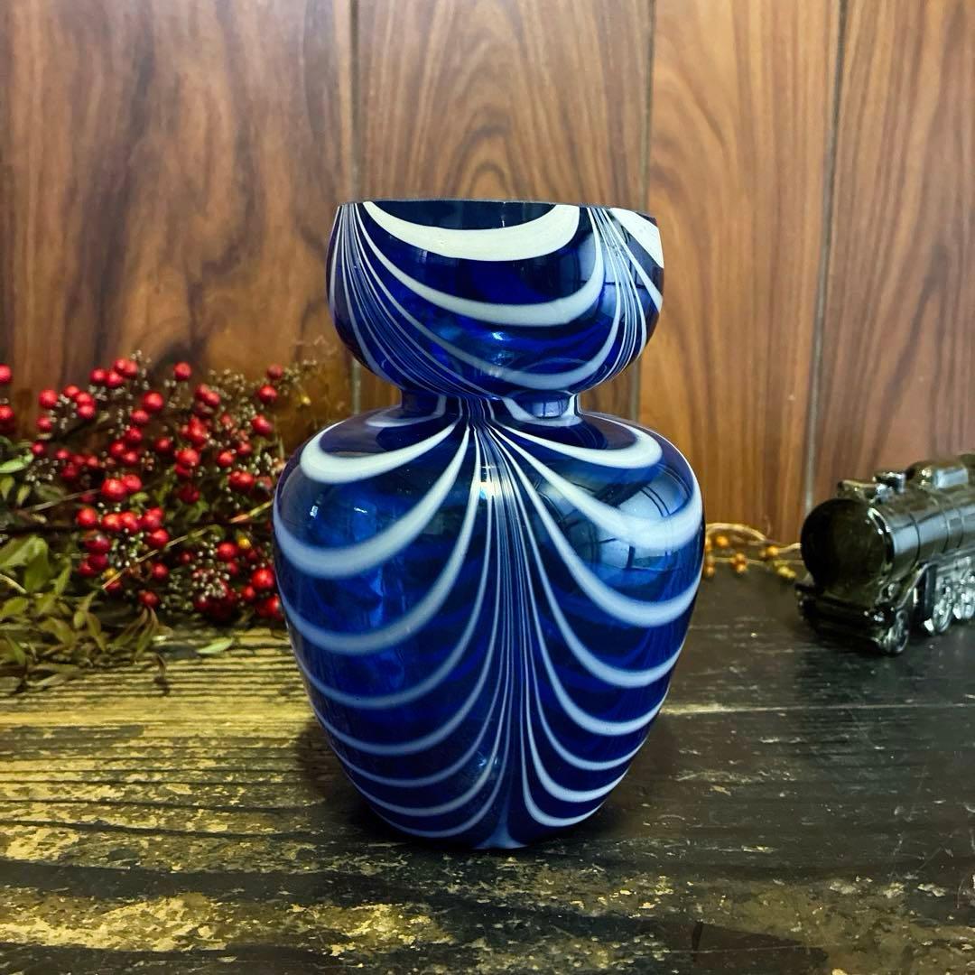 骨董　時代ガラス　超希少　瑠璃色ガラス　掻き揚げ　ヒヤシンス瓶　水耕栽培