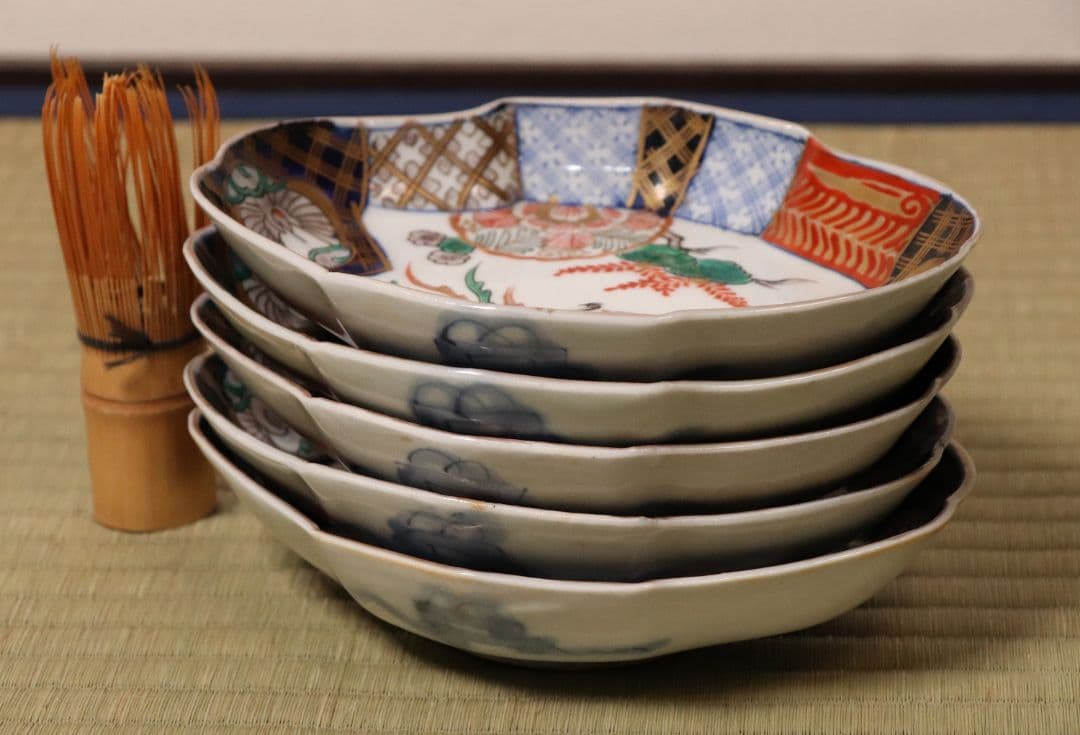 【CM52】古伊万里 桐鳳凰図 変形 刺身皿 五客 鶴 金彩 錦手 菱形 向付