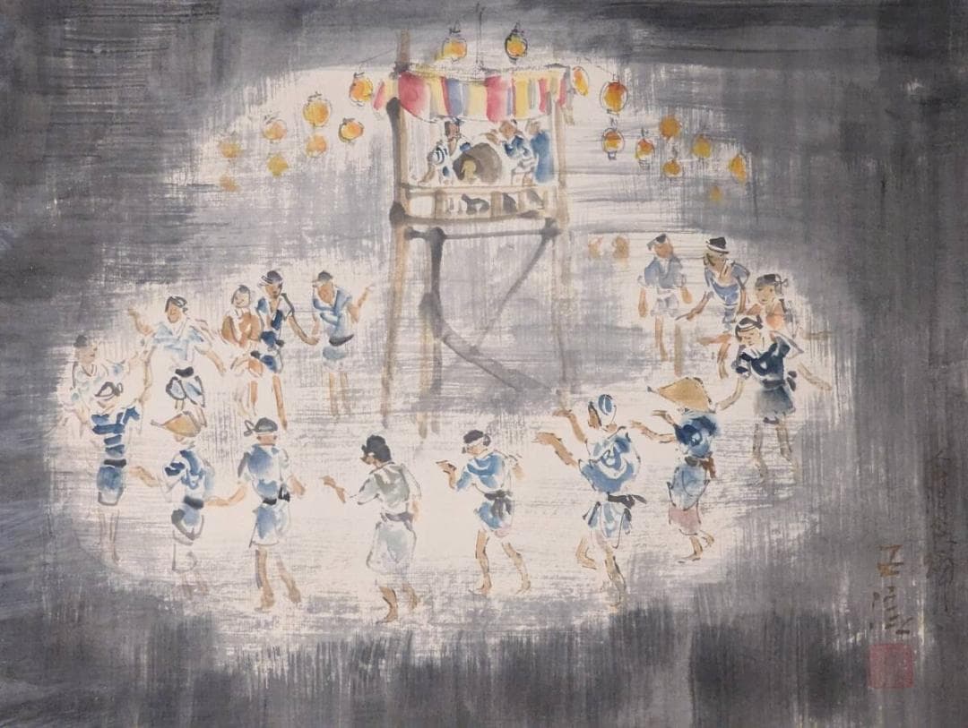 【真作】絵画　小林五浪　日本画6号　盆踊　夏祭りの情景　夜祭の舞　箱入　Z62