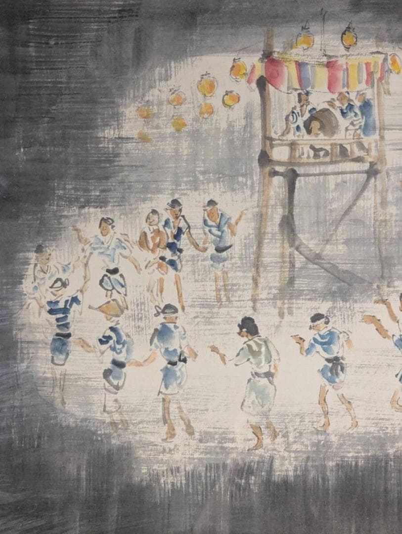 【真作】絵画　小林五浪　日本画6号　盆踊　夏祭りの情景　夜祭の舞　箱入　Z62
