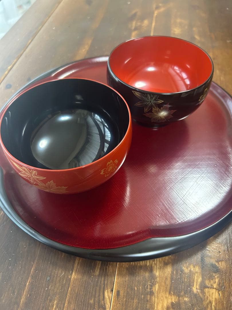 輪島塗　沈金　蒔絵金彩　高級夫婦椀　黒内朱　朱内黒　紅葉　桜