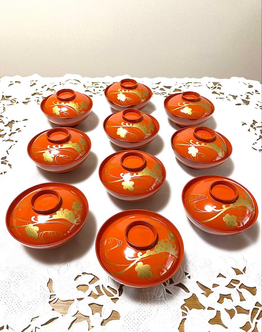 洗朱蒔絵蓋付き吸い物椀　9客　堅地家具師　文吉作　昭和初期　木製　手作り