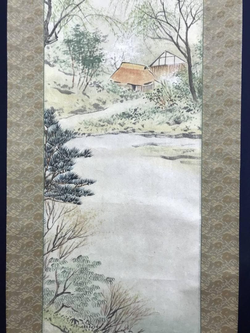 【真作】水田硯山/池塘春陰図/山水図/春景図/掛軸/名家伝来/AD-701