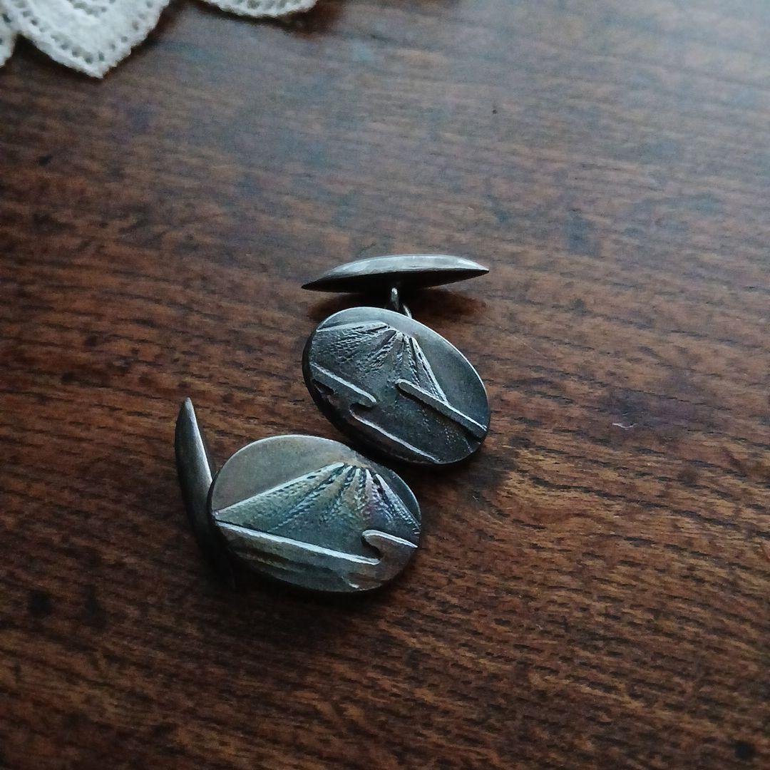 金工 銀製 富士山 カフリンクス 在銘 レトロ 骨董 山 シルバーカフス