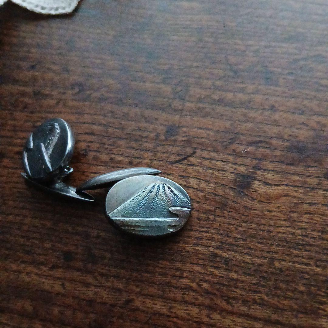 金工 銀製 富士山 カフリンクス 在銘 レトロ 骨董 山 シルバーカフス